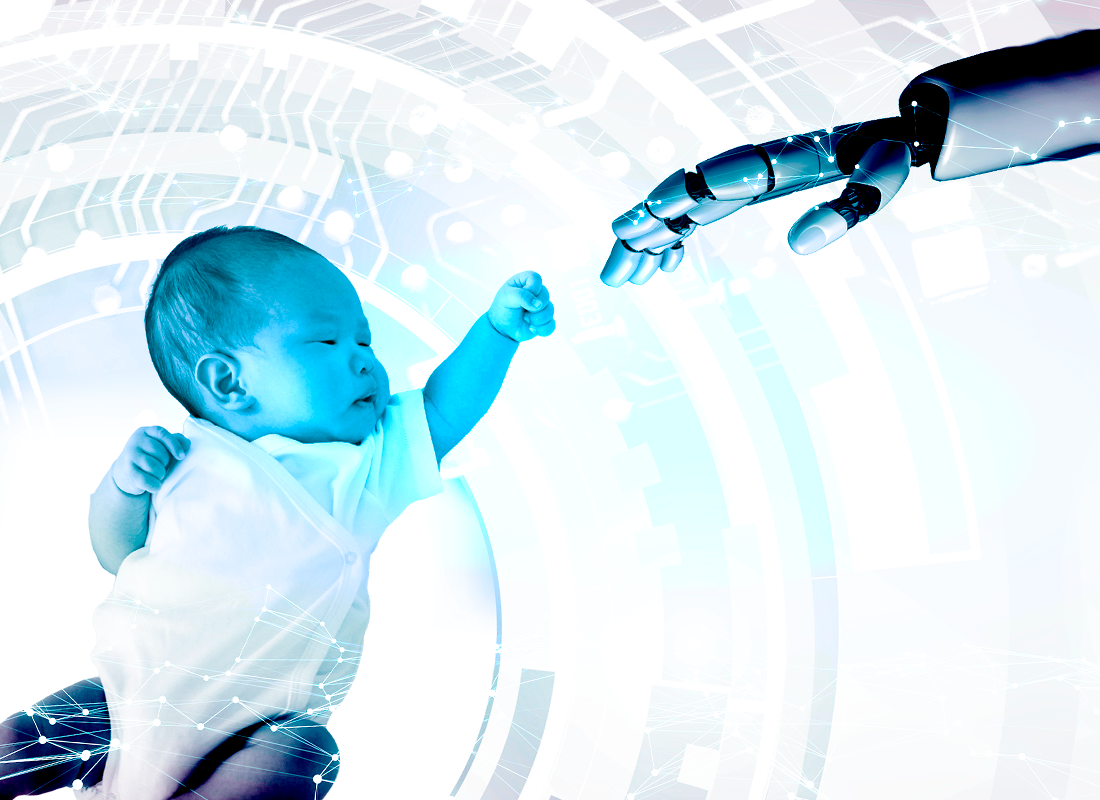 Fotomontaje de guagua extendiendo su dedo al de un robot