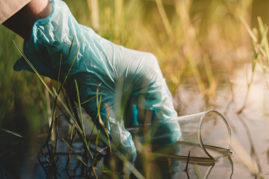 Mano de científico recogiendo residuos