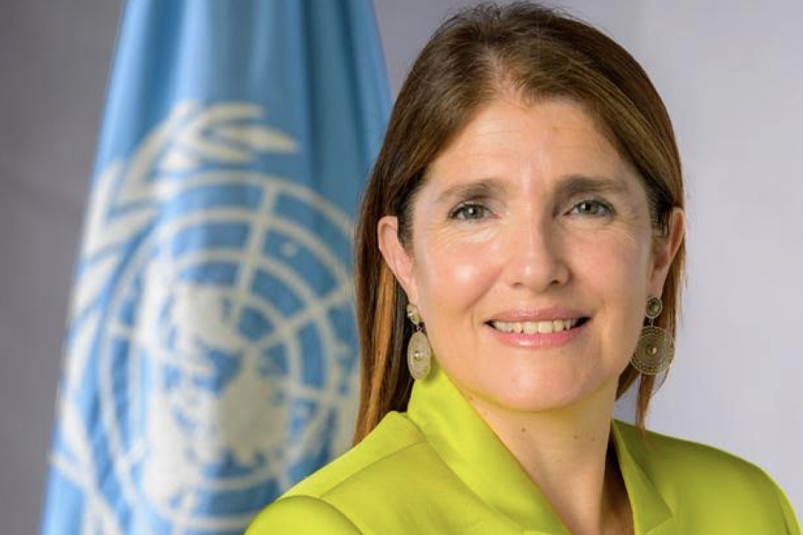 Paula Narváez con la bandera de la ONU al fondo