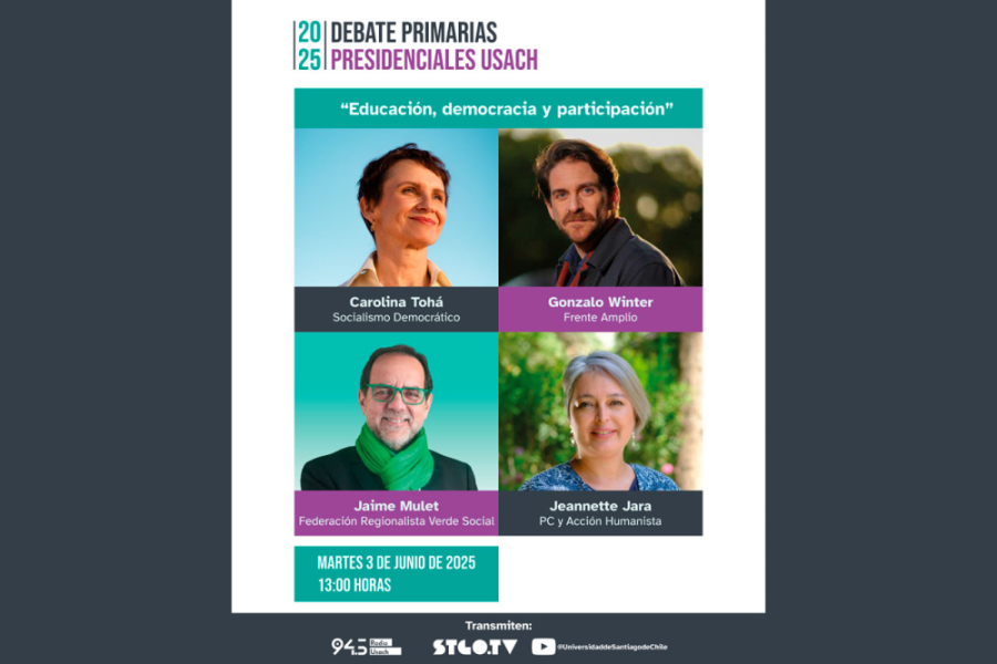 Afiche dividido en 4 partes en las que aparece los rostros de los 4 pre candidatos presidenciales del oficialismo: Gonzalo Winter, Jeannette Jara, Carolina Tohá y Jaime Mulet