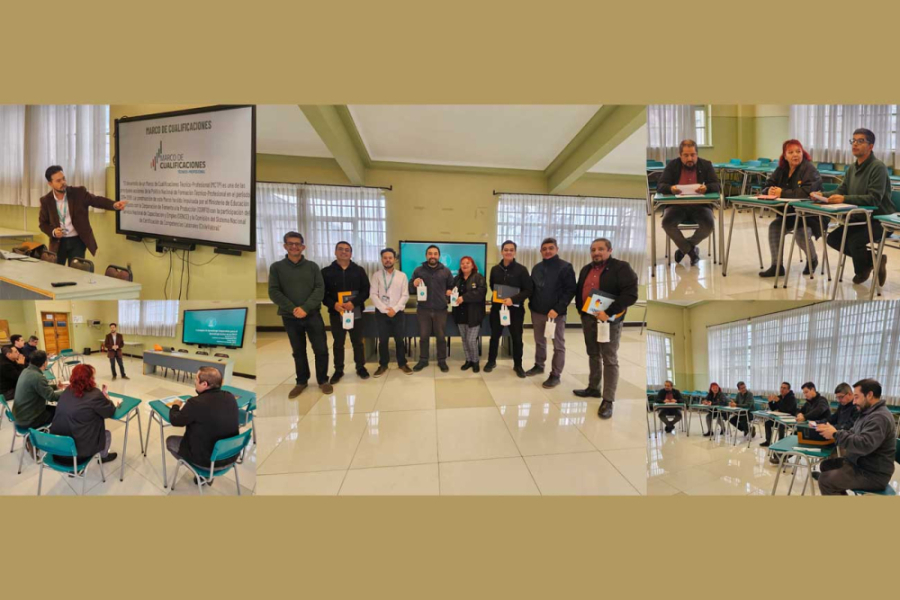 Docentes y coordinadores participantes del taller, posan frente a la cámara en una sala de clases . Además la fotografía se divide en 4 cuadros más que van mostrando el desarrollo del taller