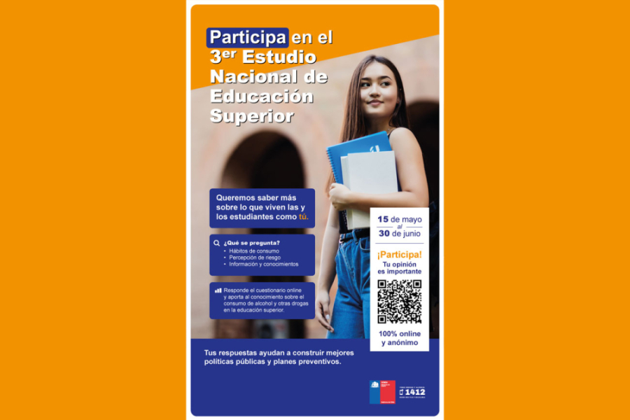 Afiche de la actividad. en la imagen aparecen los textos "Participa en el tercer estudio nacional de educación superior" junto a la figura de estudiante que lleva sus libros en las manos y mira de frente a la cámara.