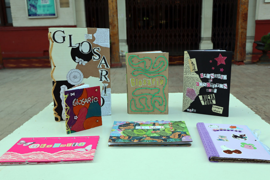 En la fotografía aparecen una mesa en la que se exhiben los libros elaborados por los estudiantes de Publicidad de manera artesanal