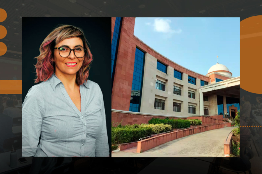 Montaje fotográfico en el que aparece Pamela Lisboa Sánchez, académica de la Facultad de Química y Biología y la  fachada Universidad Central del Sur de Bihar (India), 