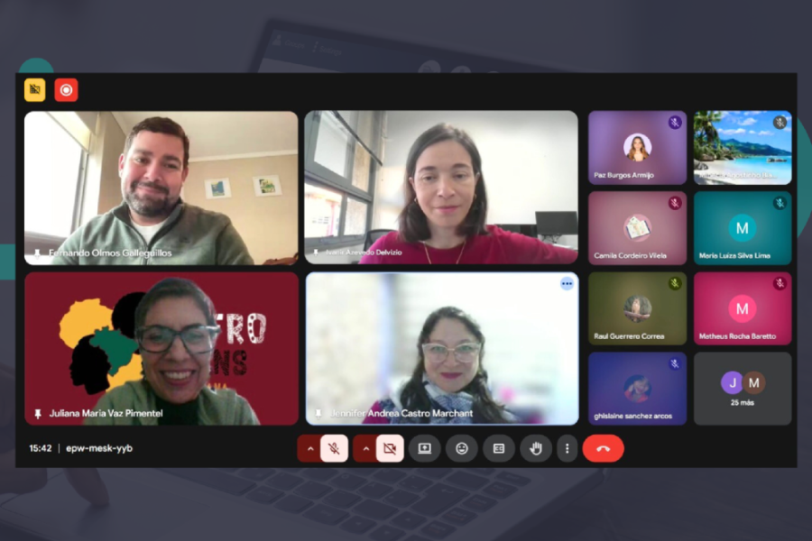 Actividad realizada vía telemática. En la pantalla aparecen 4 personas divididas en un cubo de 4 espacios.