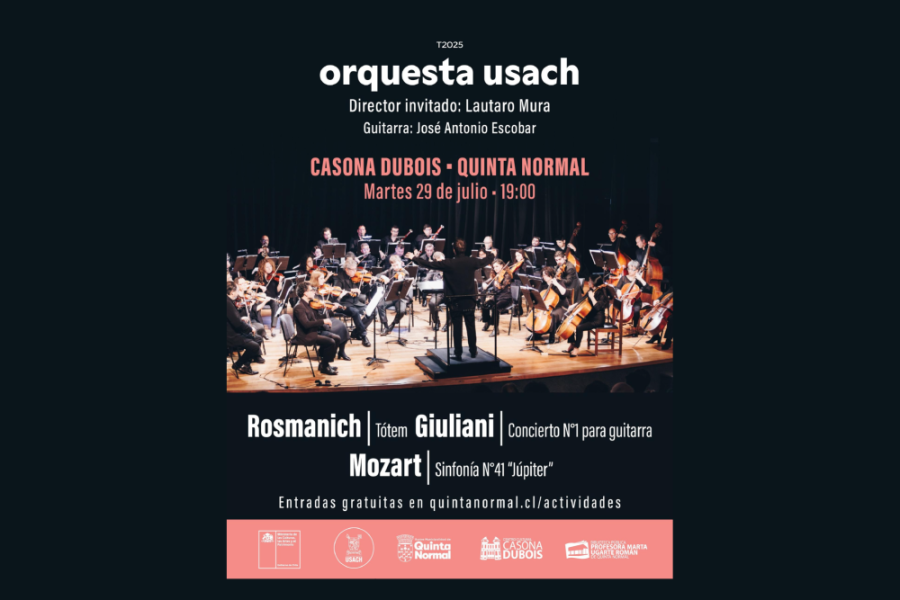 Afiche en la que aparece la Orquesta Usach en pleno concierto. Además, se puede observar toda la información pertinente al espectáculo
