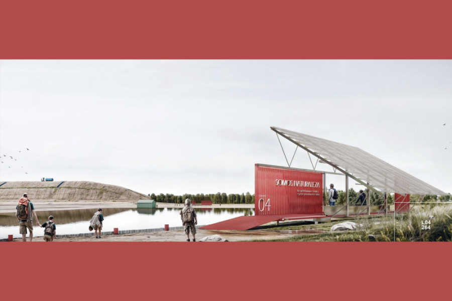 En la fotografía aparece el proyecto ganador que plantea un edificio que dialoga con el paisaje: se eleva para respetar la topografía y el bosque nativo, reutiliza contenedores y materiales reciclados del CTI, capta aguas lluvias para su uso eficiente, y aprovecha la energía solar de manera pasiva. Más que una infraestructura, se concibe como un puente entre el reciclaje y el paisaje, integrando arquitectura y naturaleza.