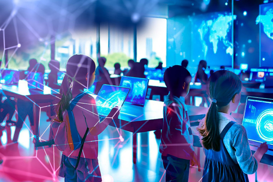 Fotografía futurista en donde aparecen personas frente a monitores.