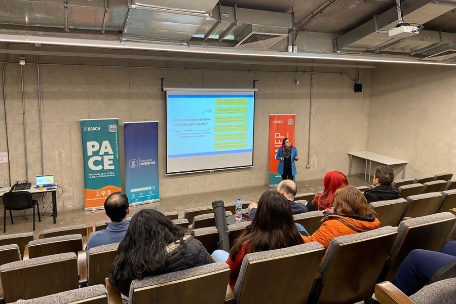En la imagen aparece la expositora de la actividad dirigiéndose a la audiencia que se encuentran sentados en la butacas. De fondo, la pantalla que refleja la ppt con información del tema. La sala corresponde al auditorio del edificio de ingeniería que es de cemento.