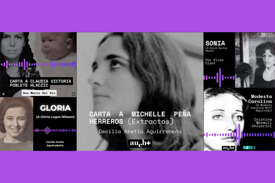 Collage de fotografías de mujeres asesinadas en dictadura. La imagen presenta un diseño que en su extremos inferior y superior es una banda morada