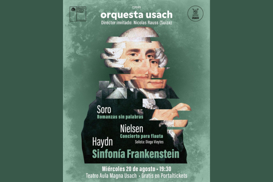 Afiche en fondo verde y plomo en degradé. Aparece la imagen del músico Haydn de manera fragmentada y la información del evento en letras blancas.