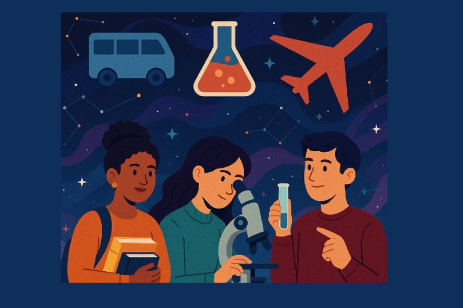 Ilustración animada en donde aparecen estudiantes con implementos de laboratorios realizando investigación