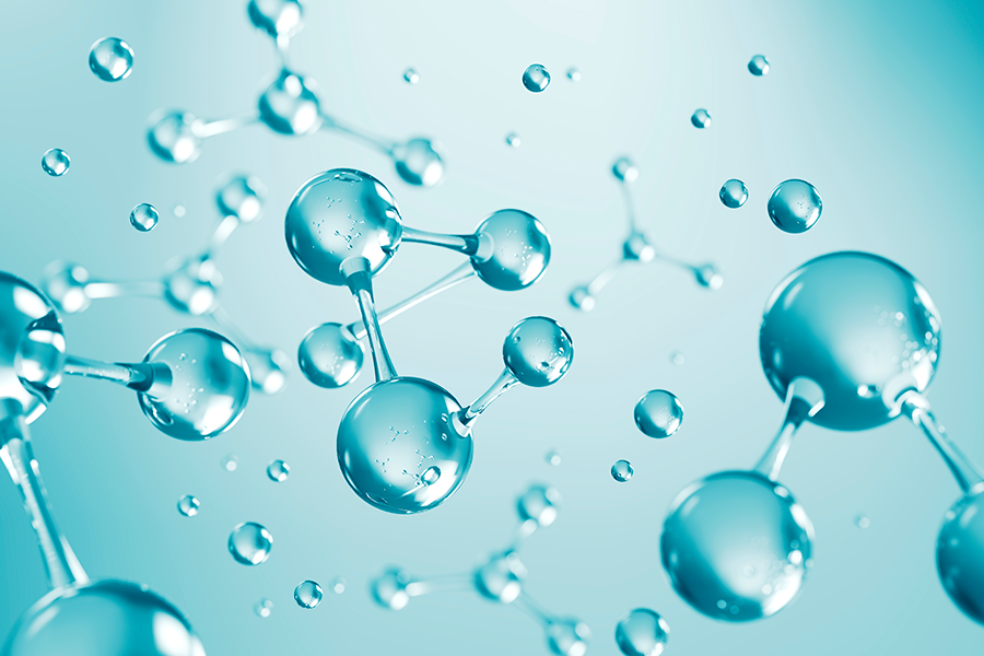Una representación digital muestra estructuras moleculares translúcidas e interconectadas que flotan en un fondo azul claro y brillante.