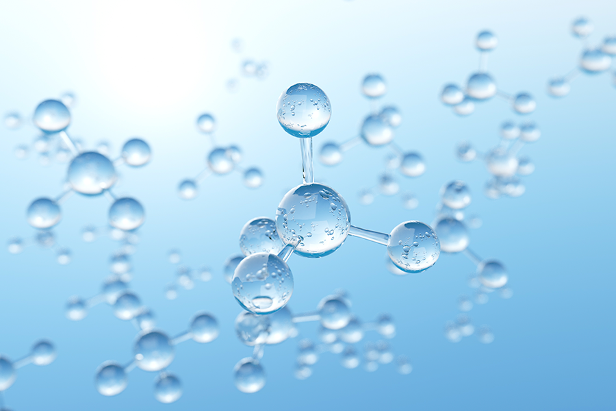 Uma visualização 3D brilhante, clara e em tons de azul de múltiplas moléculas.