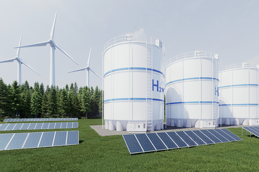 IIlustração de uma zona industrial com grandes tanques de armazenamento, painéis solares no solo e moinhos de vento ao fundo.