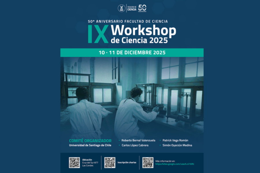 Afiche de la actividad. Fondo azul, letras blancas y  una fotografía también en tono azulado en donde aparece dos investigadores trabajando en un laboratrio.