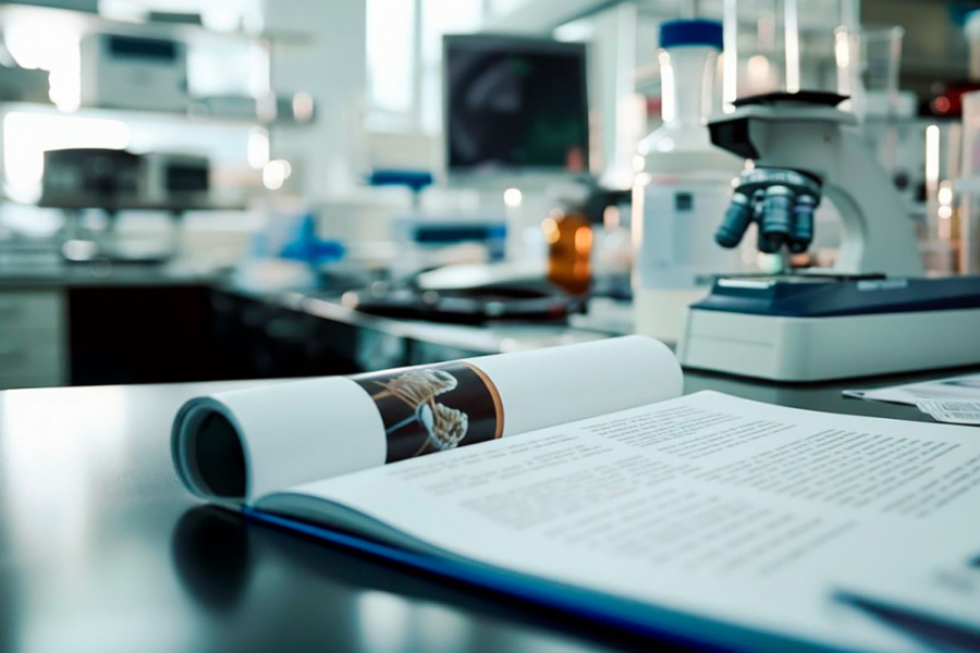 En la imagen aparece un libro abierto con un microscopio en una sala de laboratorio de nuestra universidad.