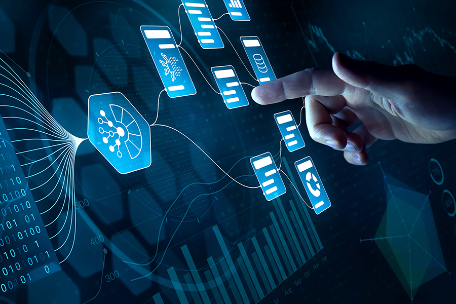 Una mano interactúa con una interfaz digital brillante que muestra puntos de datos interconectados y gráficos financieros.