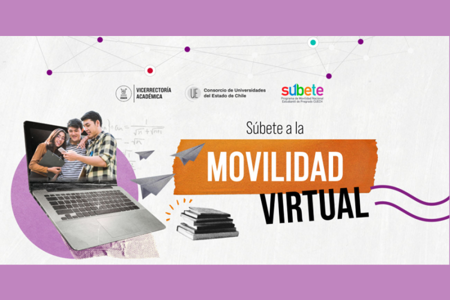 Afiche en donde predominan los tonos blancos y morados. A la izquierda aparece un notebook mostrando a tres estudiantes que comparten entre ellos. Al centro, la frase: súbete a la movilidad virtual.