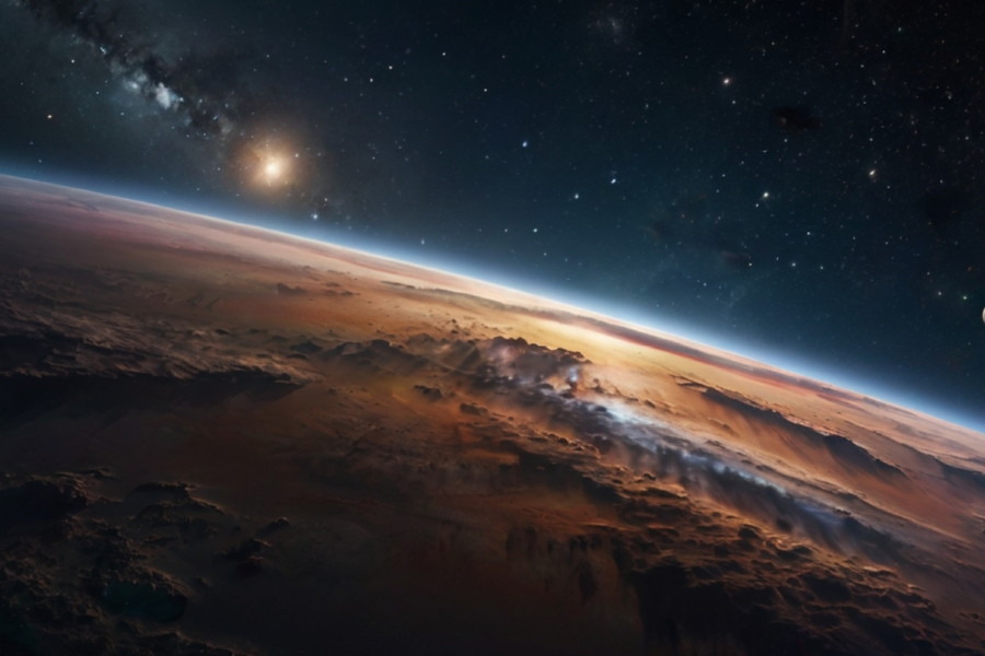 Curvatura de un planeta desértico y su atmósfera frente al espacio estrellado, con un sol pequeño en el fondo.