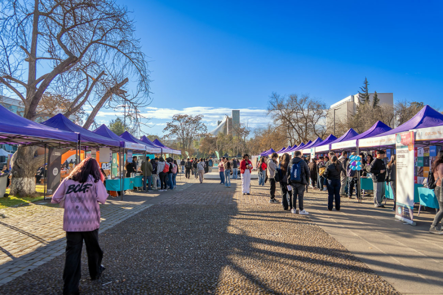 En la imagen aparece la Feria Pace-Usach. Carpas de techo morado a modo de stand informativos. Alrededor de ellas, entusiastas estudiantes en busca de información. La Feria se instaló en la explanada de Rectoría.