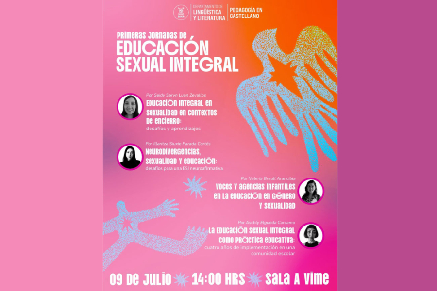 La imagen es el afiche de la actividad. Fondo rosado y naranjo letras blancas y logo en celestae