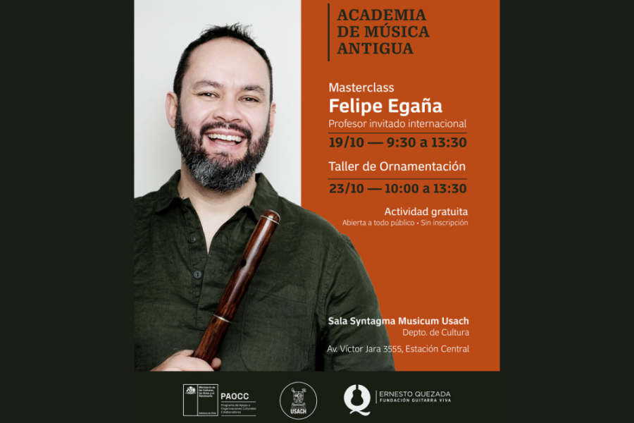 La imagen es el afiche del evento: Aparece el artista tras un fondo dividido entee blanco y naranja, más letras blancas y negras que anuncian el concierto.