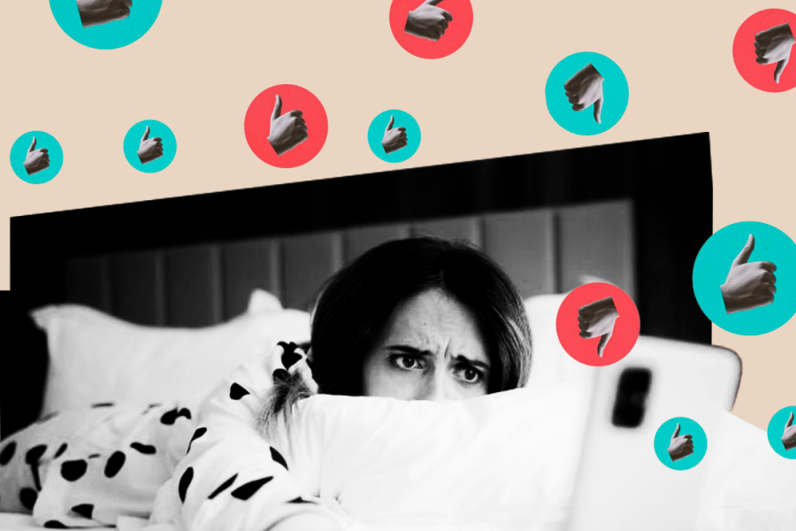 Mujer preocupada imagina signos de me gusta y no me gusta