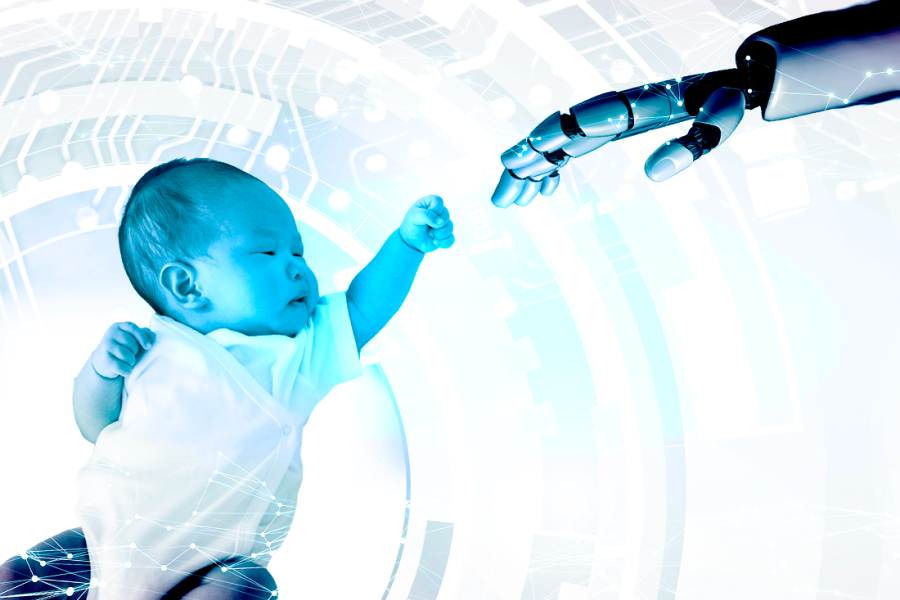 Fotomontaje de guagua extendiendo su dedo al de un robot